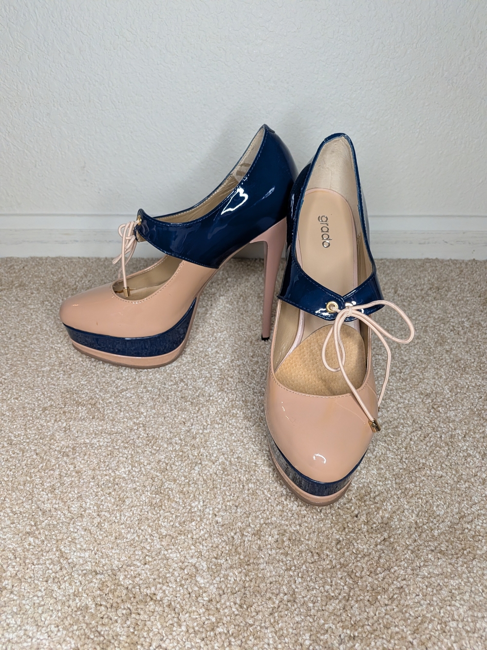 Grado Patent Leather Colorblock Platform Pumps Navy Beige Pink Size 39